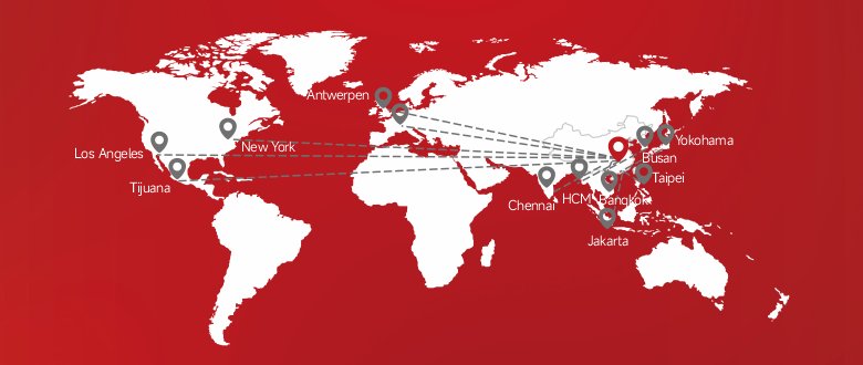 Global supply-network map linking China with major ports across Asia-Pacific, Europe and the Americas