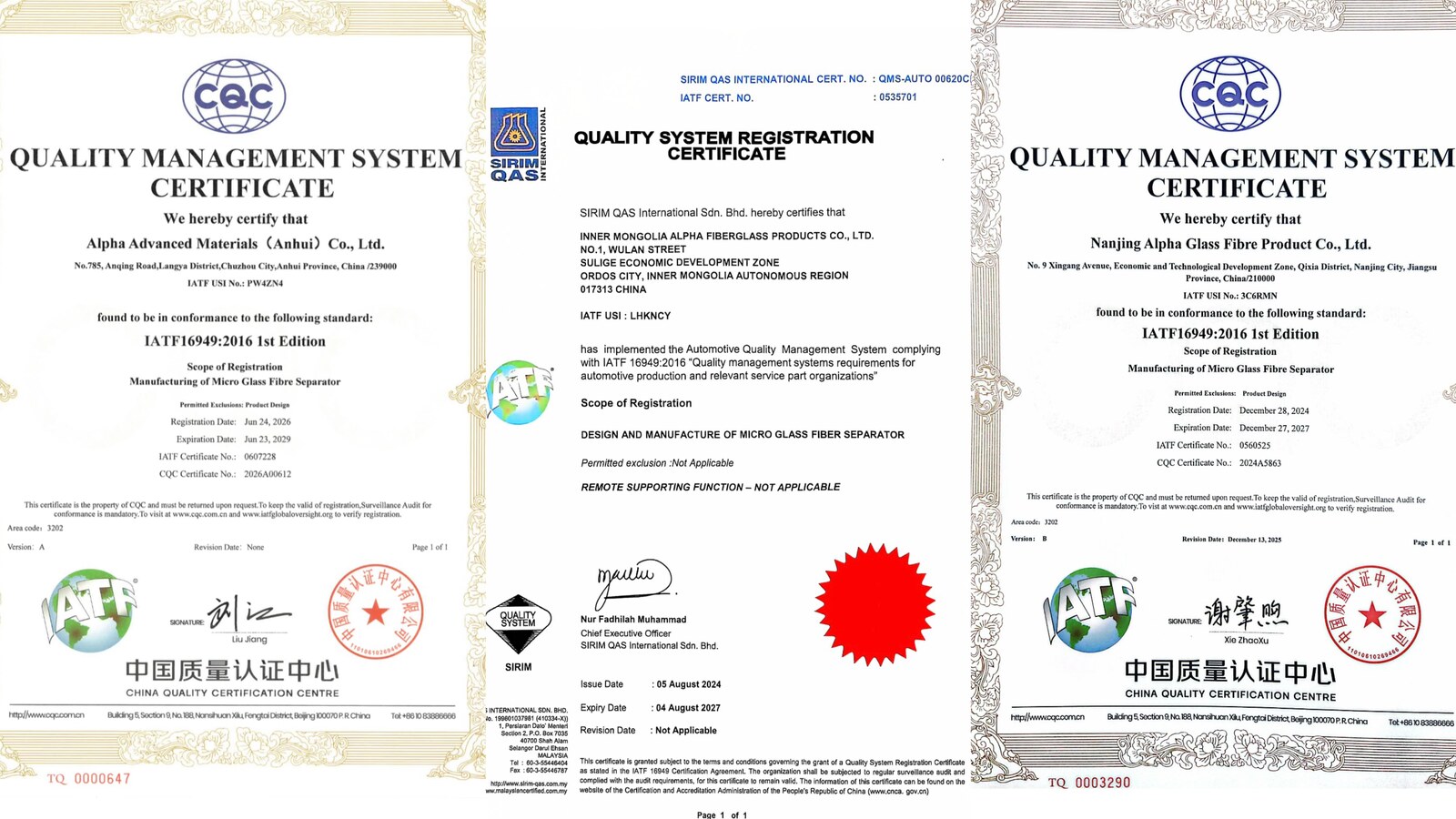 IATF 16949 certificates for the Nanjing HQ, Inner Mongolia plant and Chuzhou plant