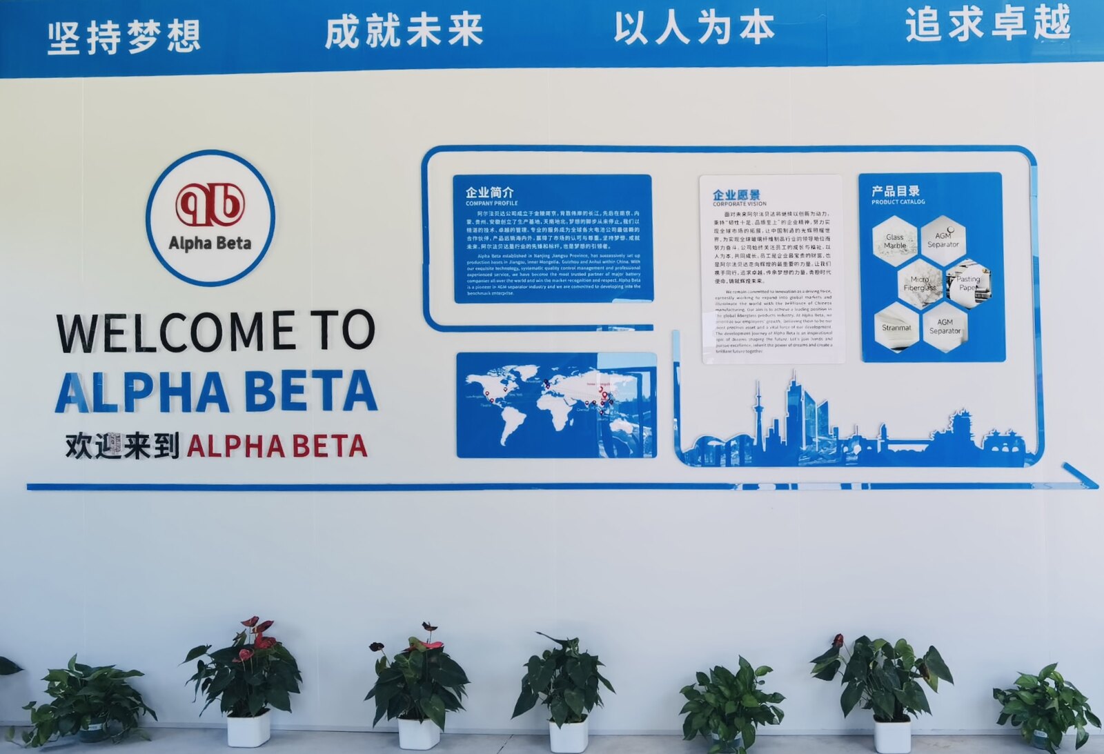 Alpha Beta company profile display wall with the brand mark, company profile, corporate vision and product catalogue