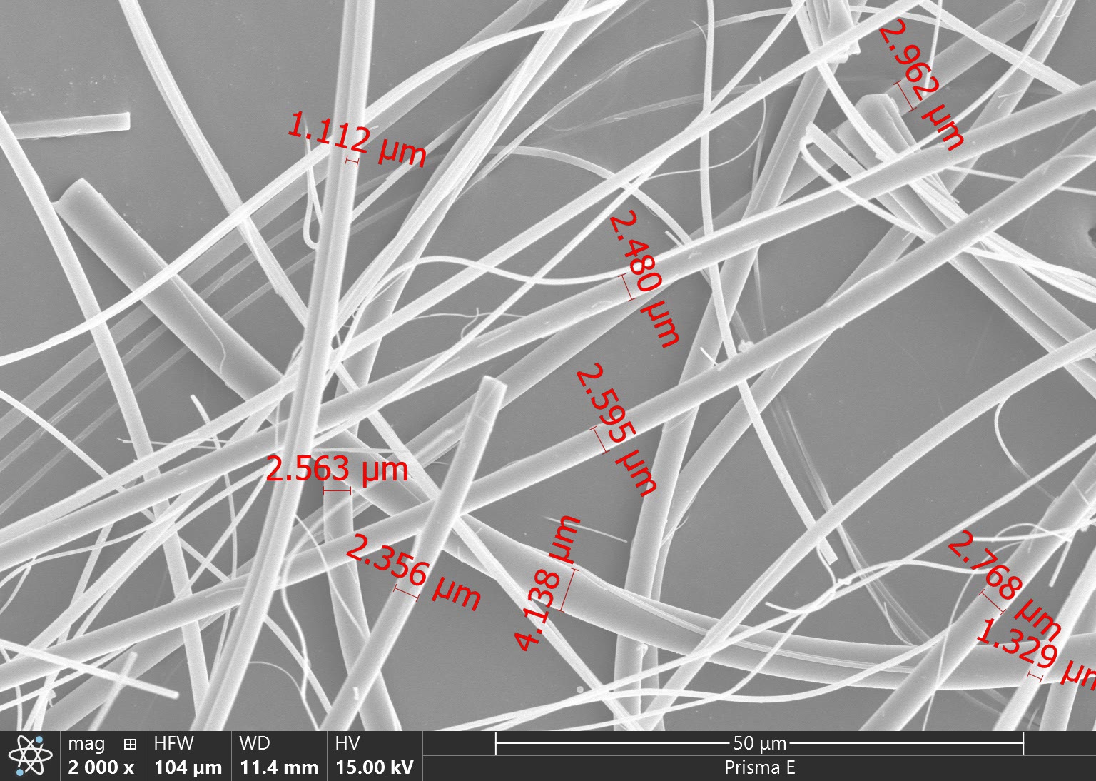 Scanning electron micrograph showing individual glass microfibers at high magnification